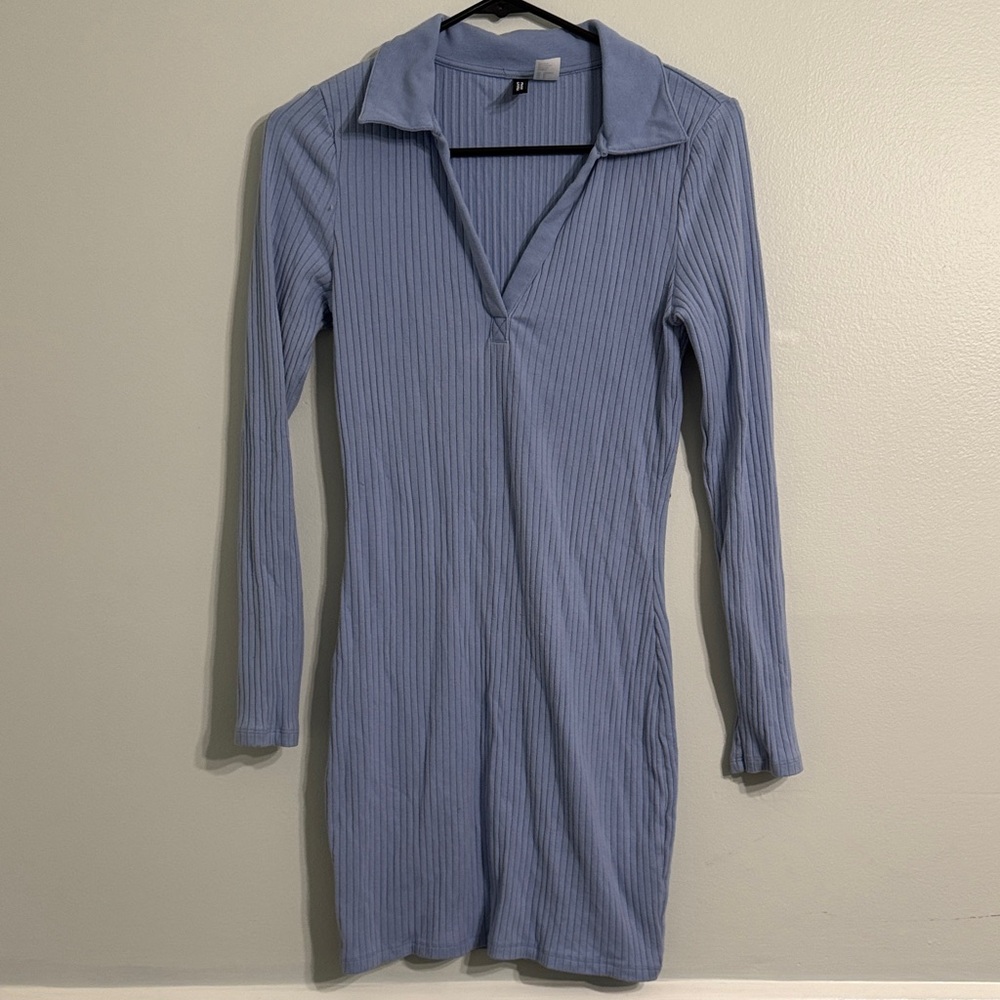 H&M Long Sleeve Ribbed Dress in Blue